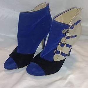 Blue tan/cream black new peep toe strappy heels